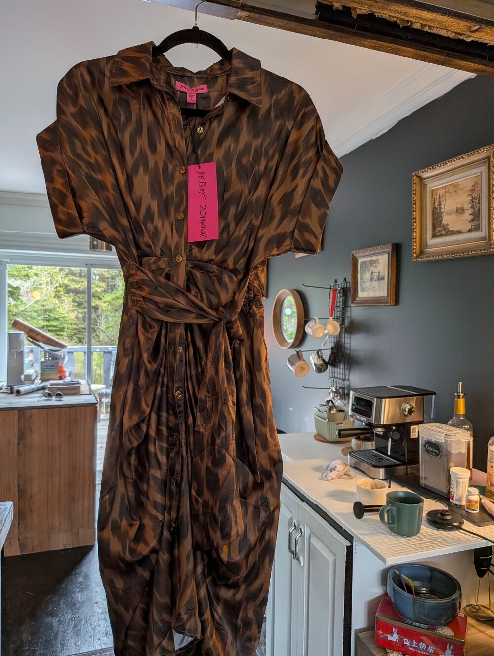 NWT* Betsey Johnson Ruched Button-Down Animal Print Hi Lo Belted Gown Size Small - Picture 13 of 16
